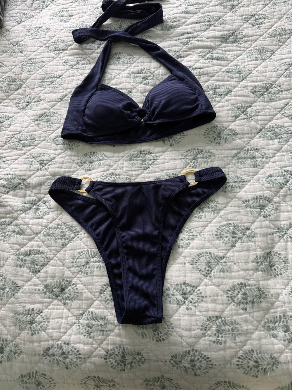 Navy Ribbed Halter Bikini Set with Gold Ring Accents
